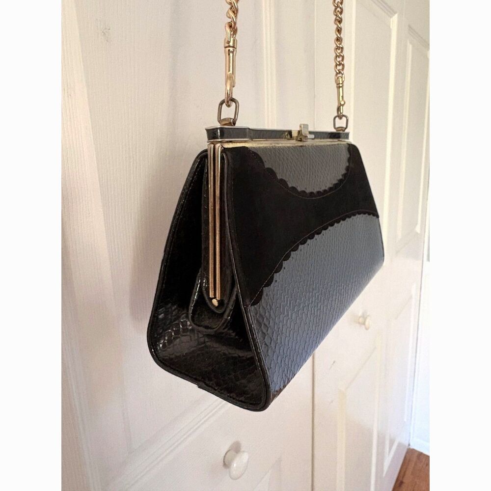 Vintage 1950s Air Step Black Faux Snakeskin Suede Kiss Lock Crossbody Purse MCM
